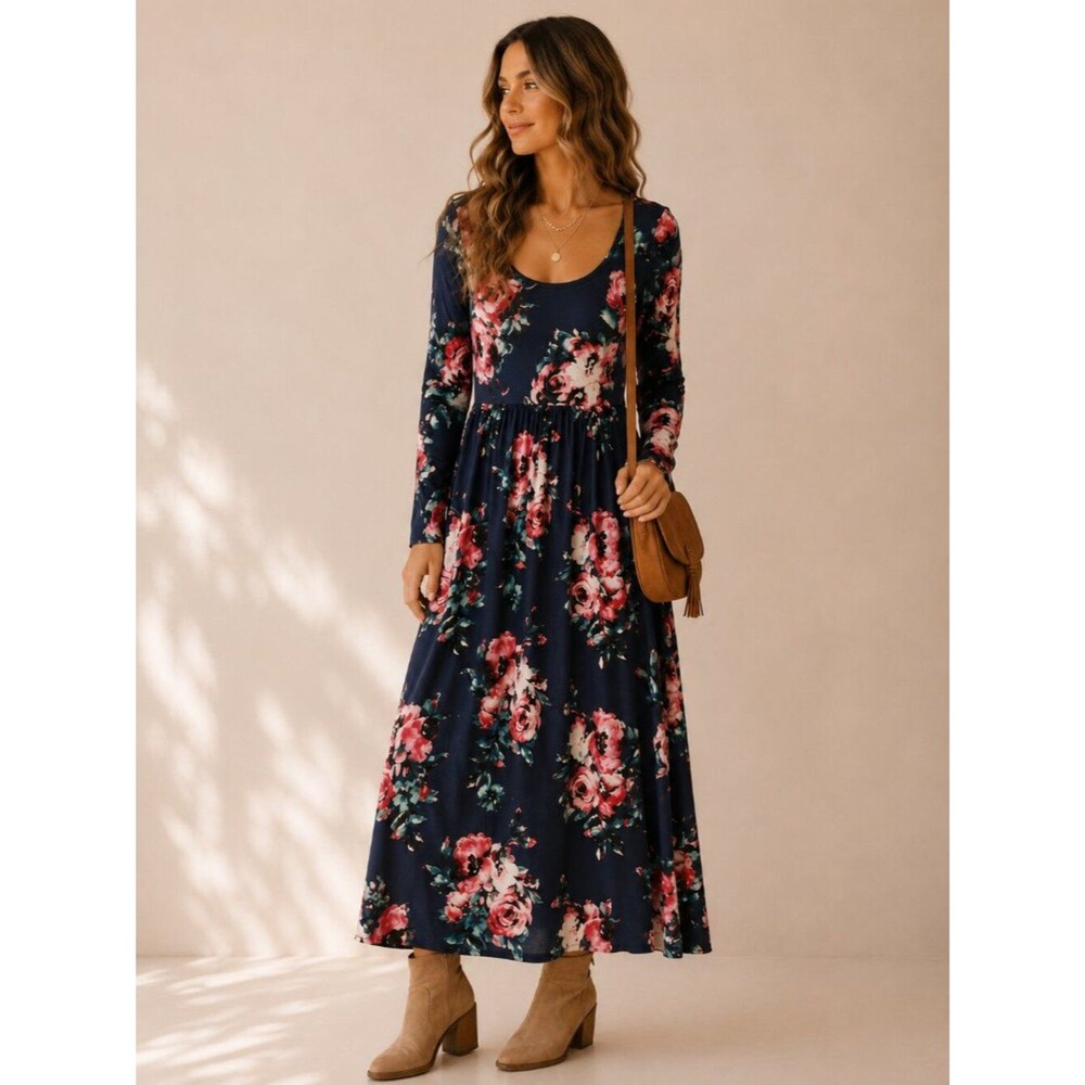 Navy Floral Maxi Dress Small Cottagecore Long Sleeve Boho Romantic Fall Dress